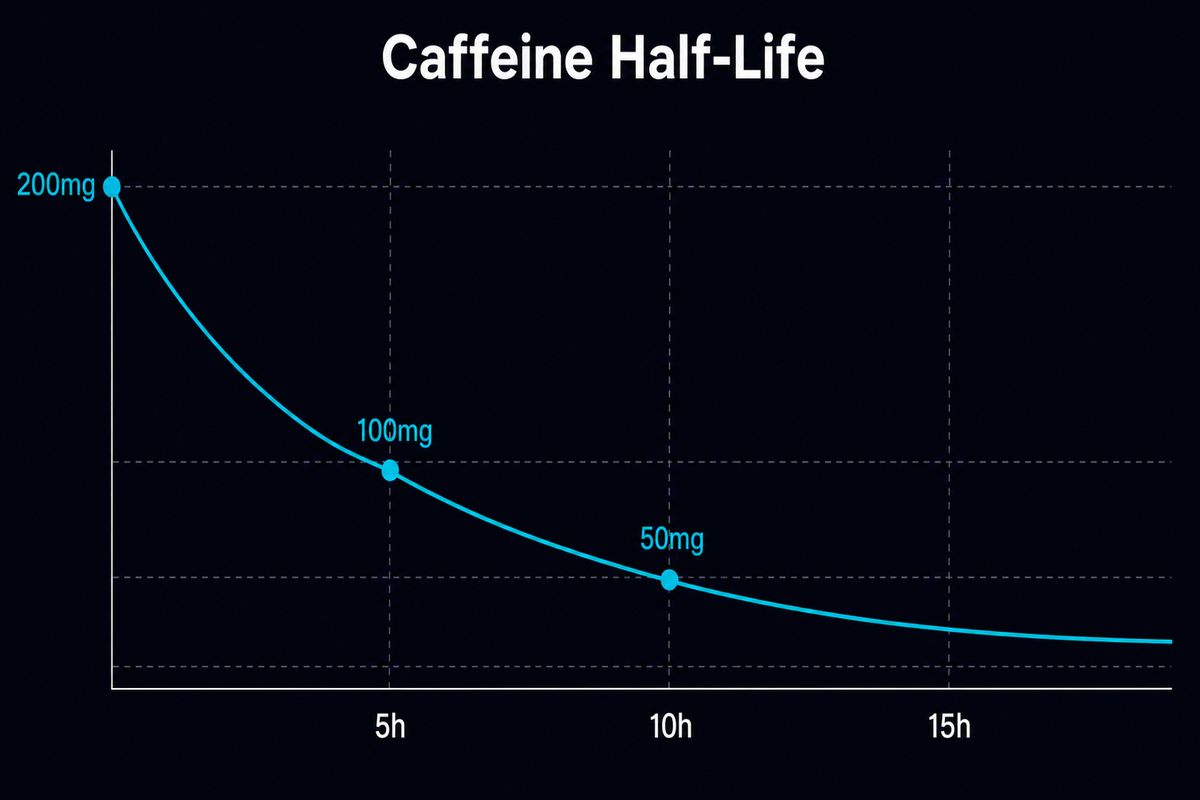 Chart of caffeine half-life: a 200 mg dose decays to 100 mg after about 5 hours and 50 mg after about 10 hours
